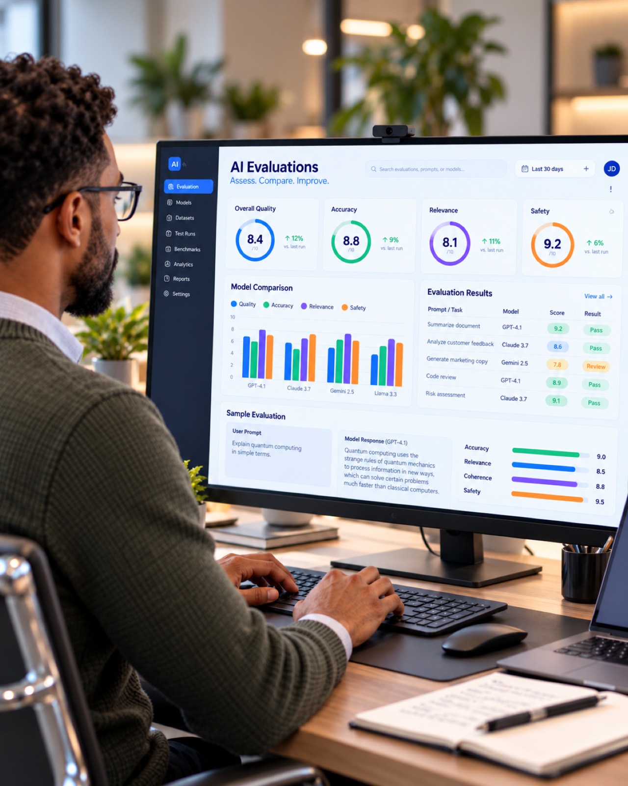 An evaluator reviewing an AI model evaluation dashboard showing quality, accuracy, relevance and safety scores