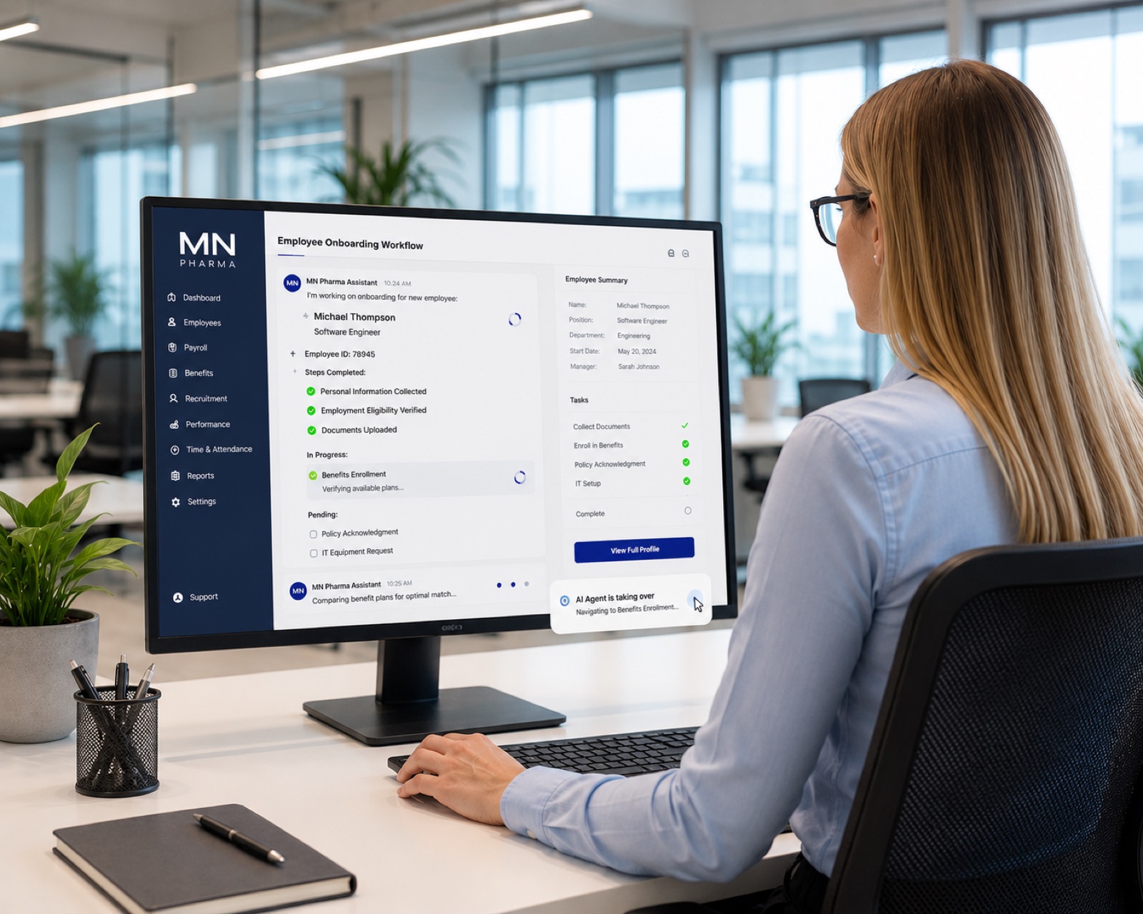 An AI-assisted employee workflow dashboard guiding adoption of a new way of working