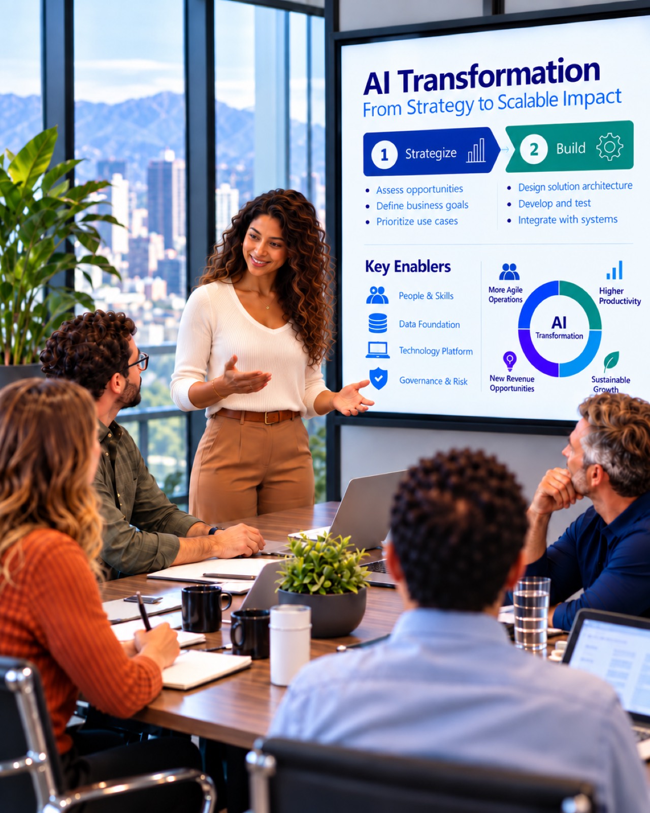 A consultant presenting an AI transformation roadmap to a group of colleagues in a boardroom