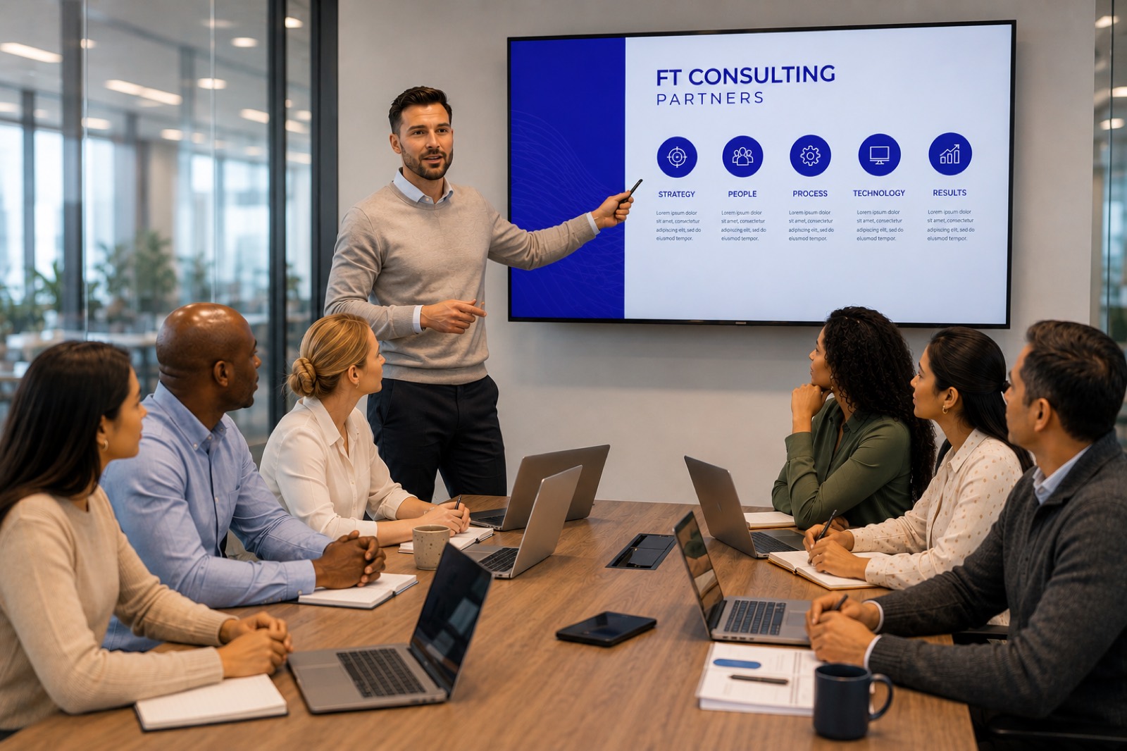 A consultant presenting an FT Consulting Partners strategy framework to a group of colleagues in a conference room
